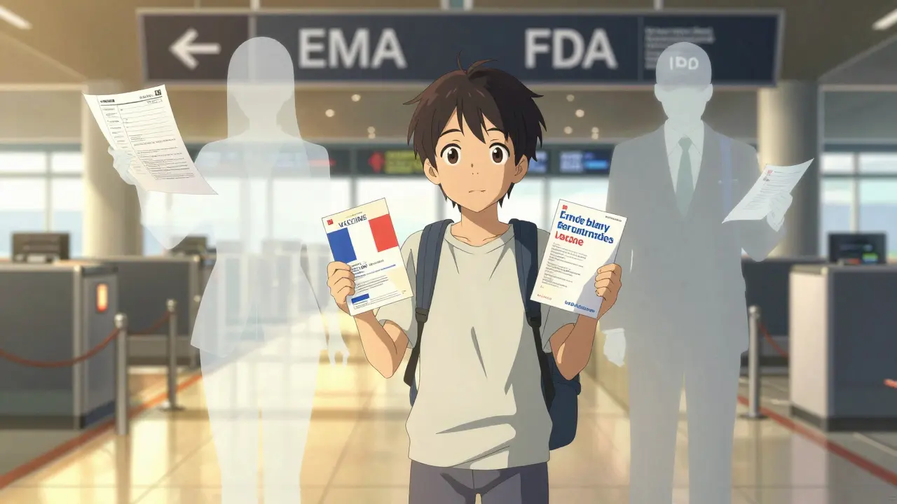 Patient at airport holding two different vaccine leaflets with regulatory silhouettes behind.