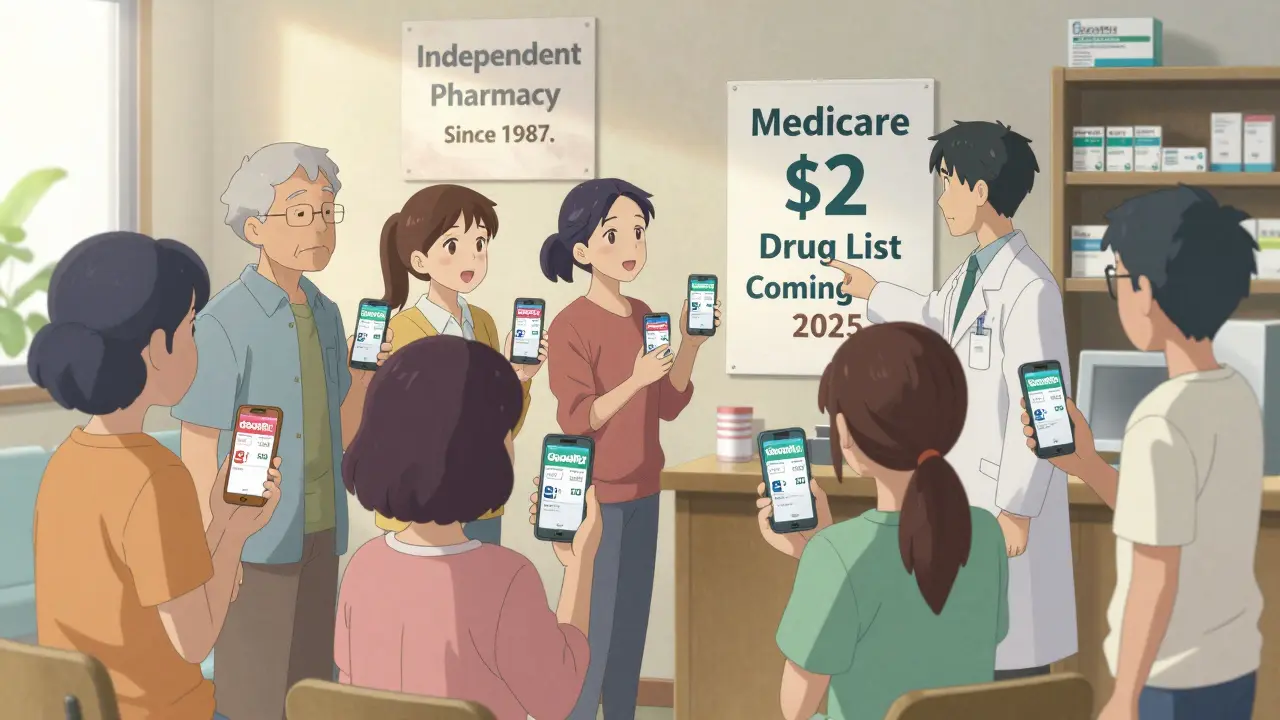 Patients and pharmacist gathered in a community center, holding phones showing cash prices, with a 'Medicare  Drug List' poster in the background.