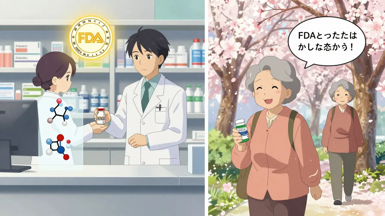 Pharmacist giving generic medicine to an elderly woman under cherry blossoms, with FDA seal glowing above.