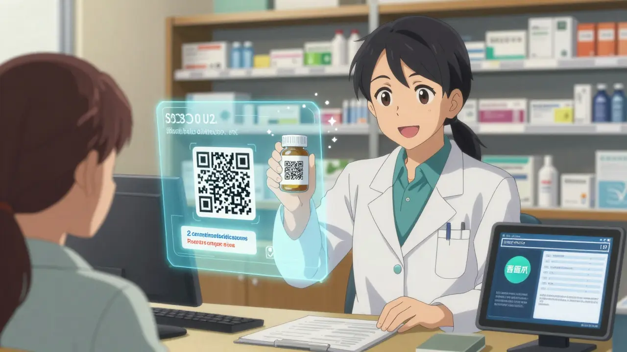 Pharmacist showing a patient live safety updates projected from a QR code on a medication bottle.