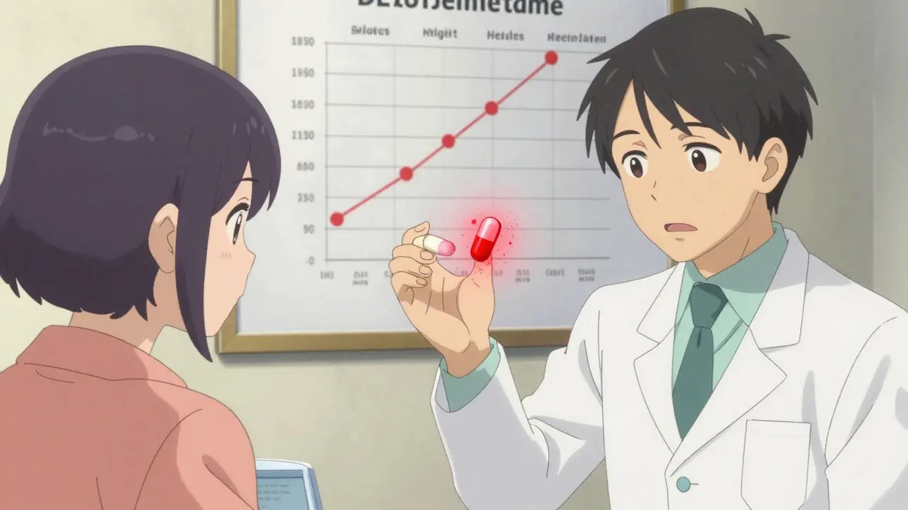 Pharmacist showing the difference between a whole and crushed extended-release pill.