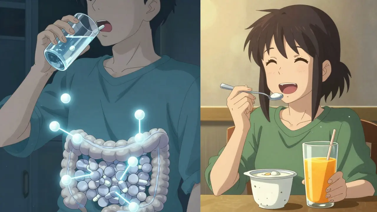 Scientific visualization of calcium ions binding to antibiotics in the gut, contrasted with safe dairy consumption later.