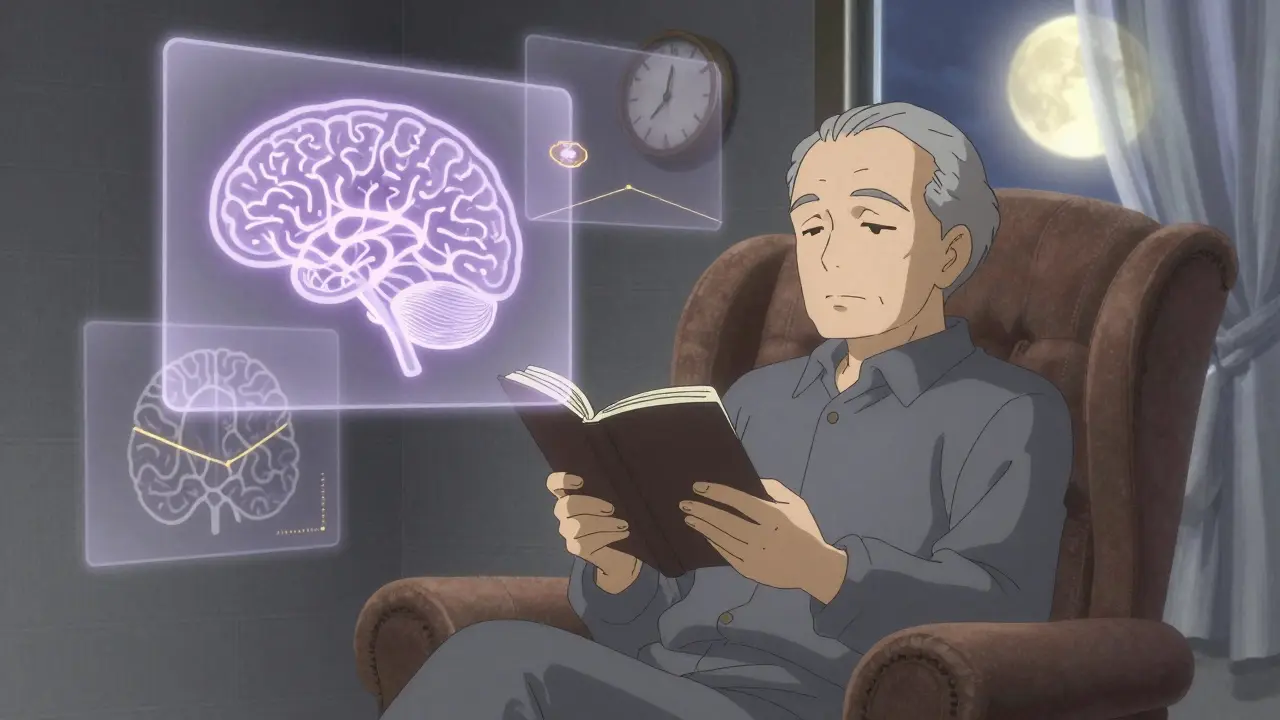 Senior man in armchair with brain scan visuals glowing softly in moonlight.