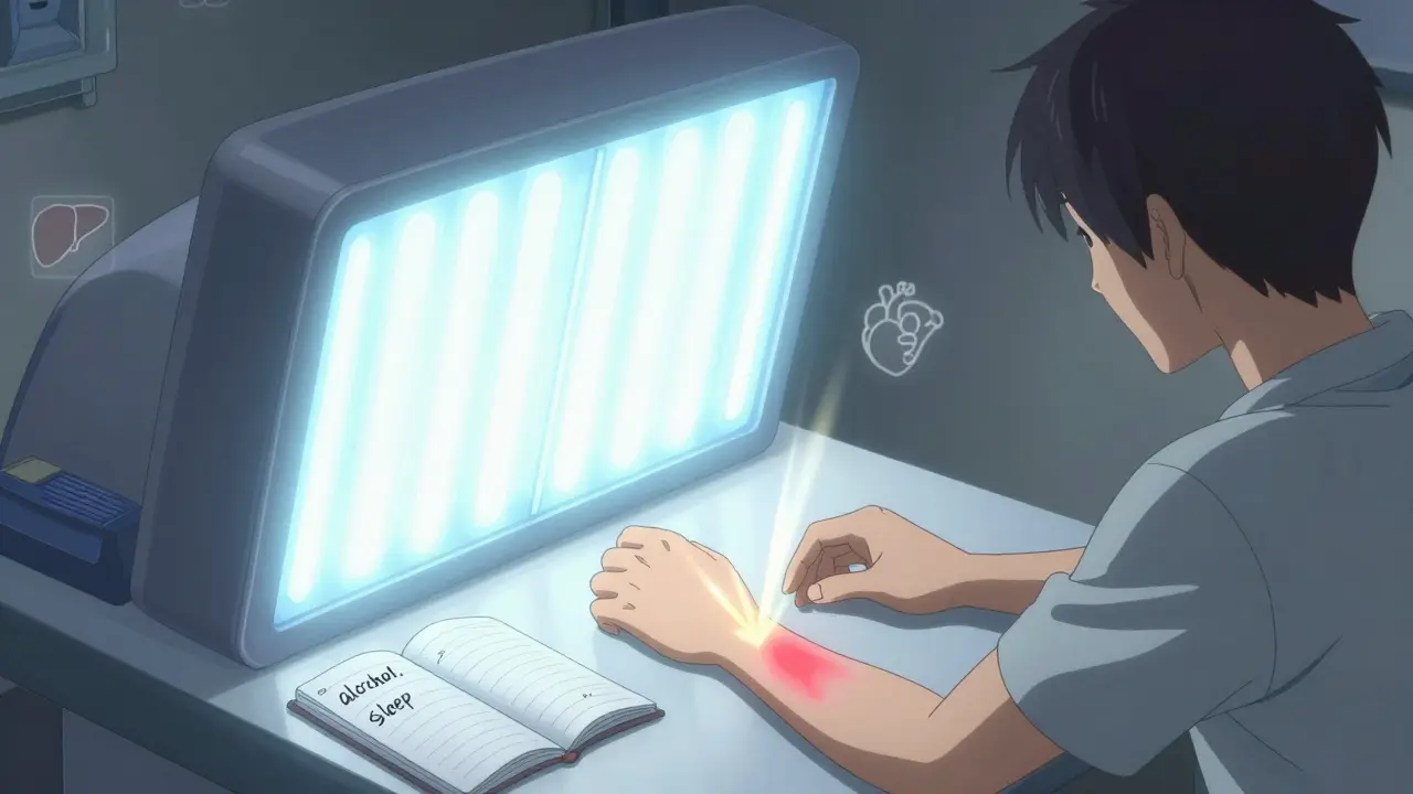 Someone undergoing UVB phototherapy, with glowing light and floating triggers like stress and alcohol fading nearby.