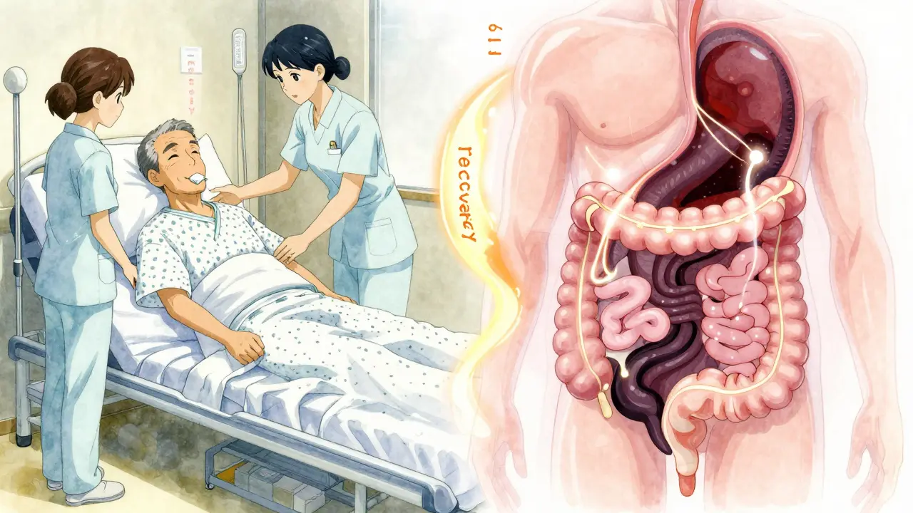 Split image showing a patient chewing gum while transparent gut animation reveals healthy movement returning.