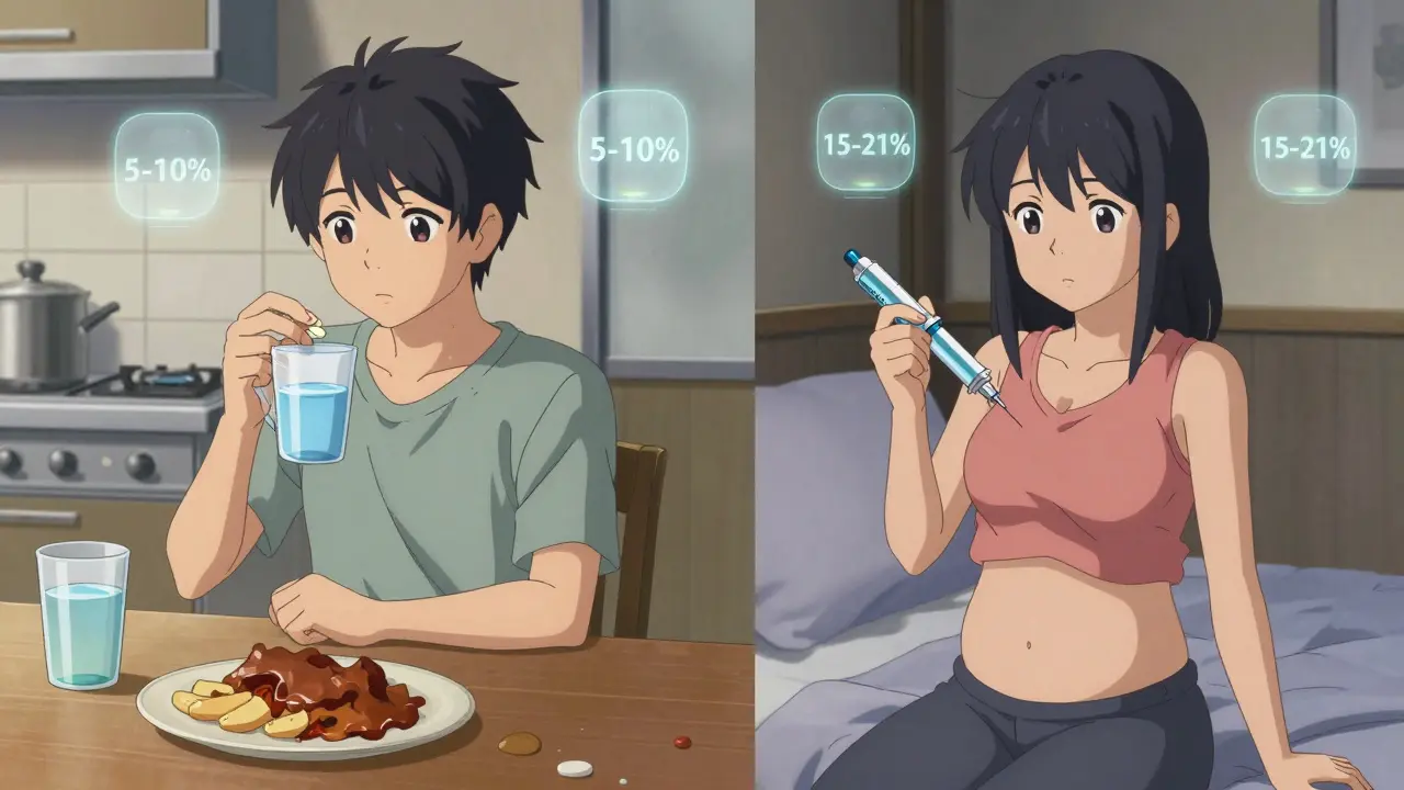 Split scene comparing pill and injection weight loss treatments with floating percentage icons.