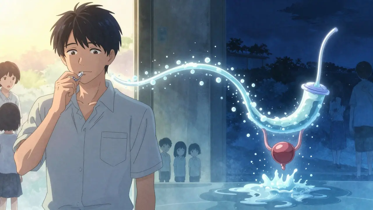 Split scene: man taking pill on one side, bladder bursting into urine droplets forming a catheter on the other.