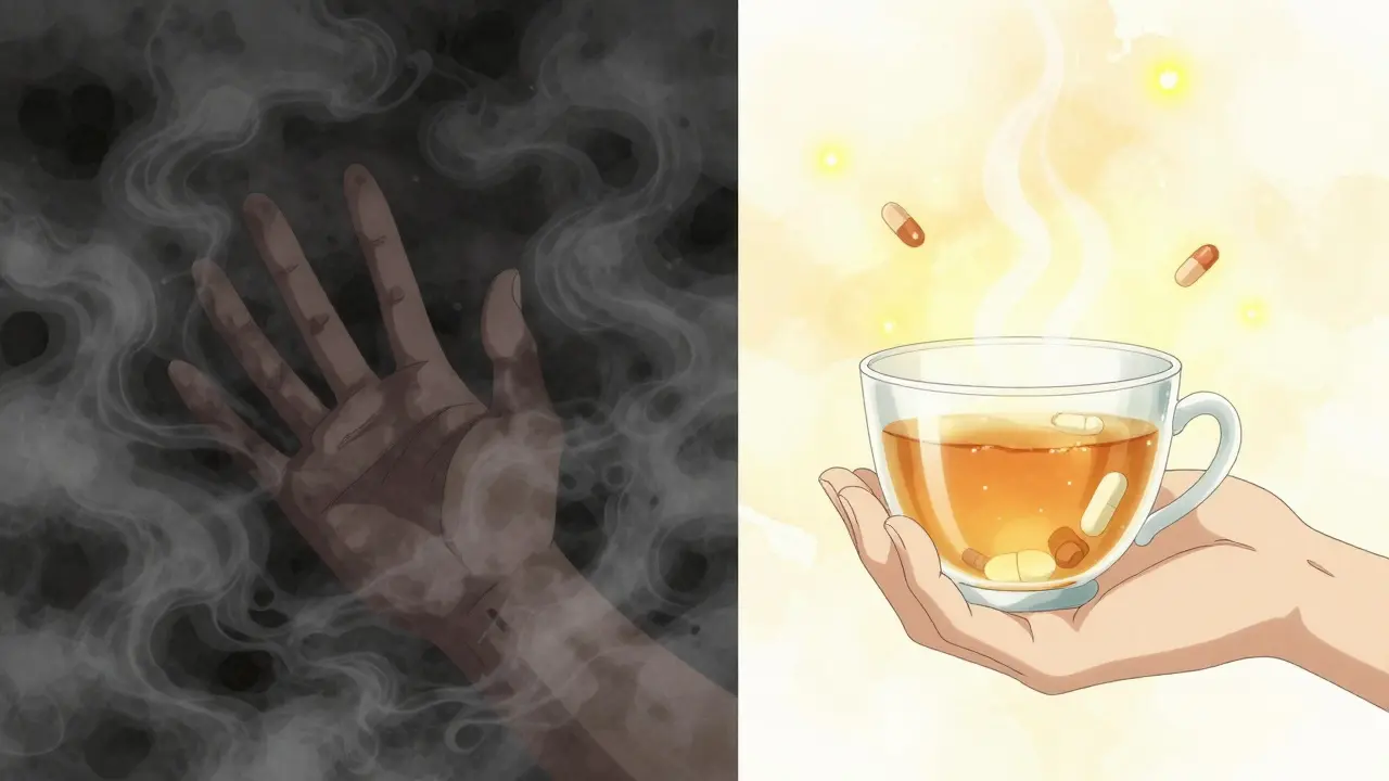 Split scene: trembling hand in darkness vs. same hand holding ginger tea with glowing safe pills.