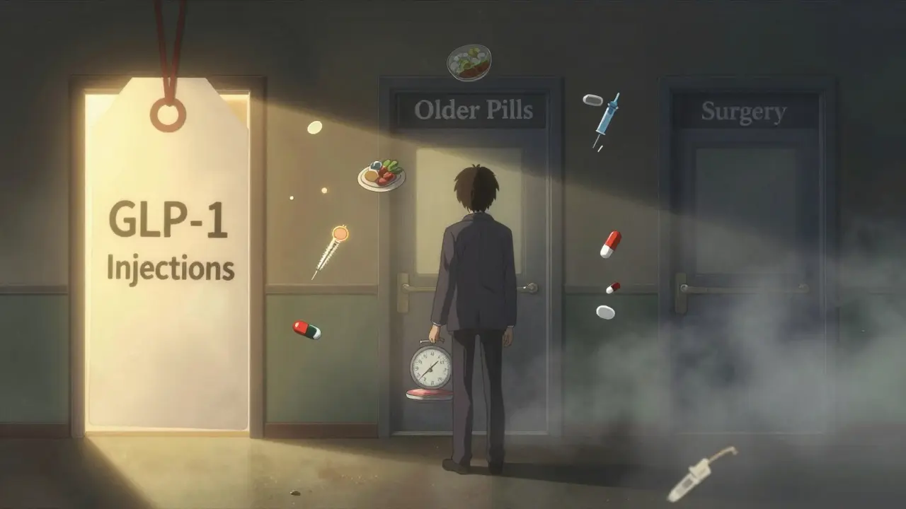 Symbolic hallway with three doors representing weight loss options, a figure holding a flickering scale.