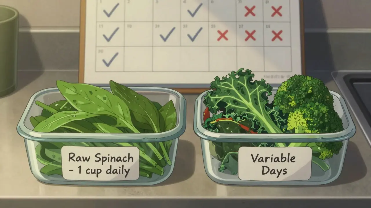 Two meal prep containers: one consistent with spinach, the other chaotic with mixed greens.