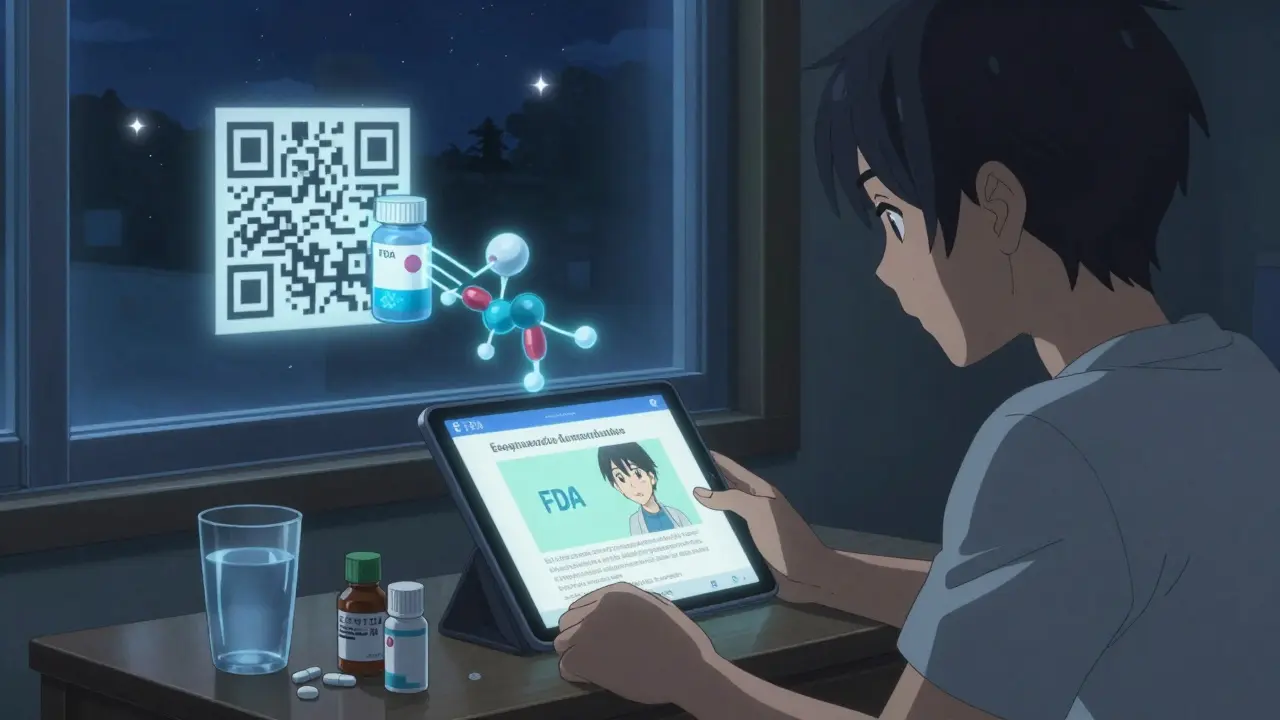 Young adult reading about generics at night, with a glowing QR code projecting molecular animation.