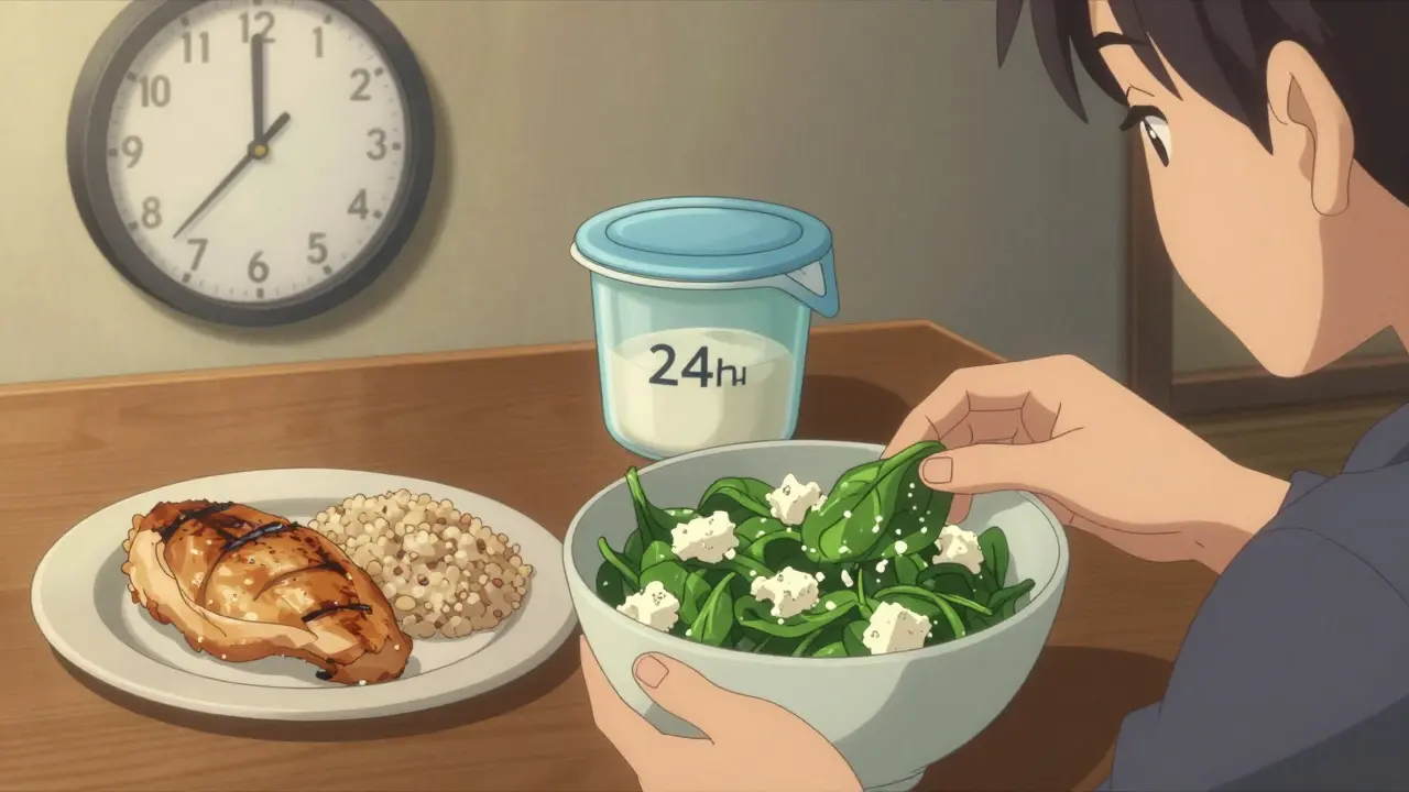 A balanced meal with spinach and cheese, representing smart oxalate and calcium pairing.