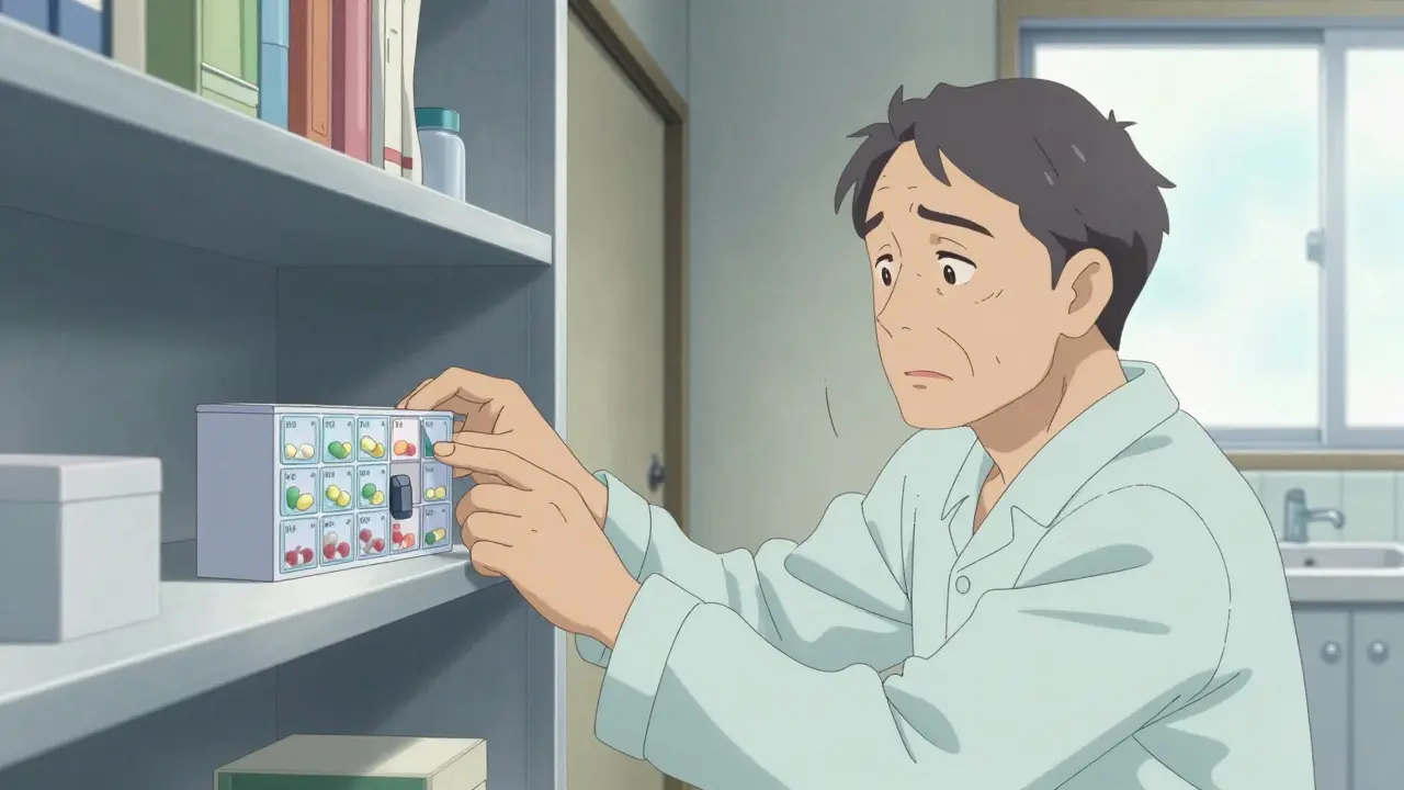 A caregiver placing a locked pill organizer on a shelf while an older man reaches for it, in a dry, safe bedroom setting.