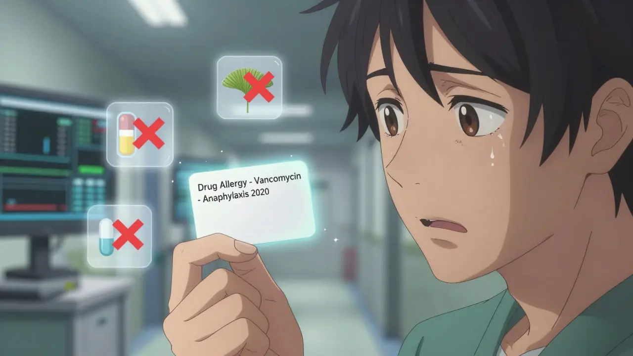 A close-up of a drug allergy card with floating medication icons marked by red Xs, glowing softly.