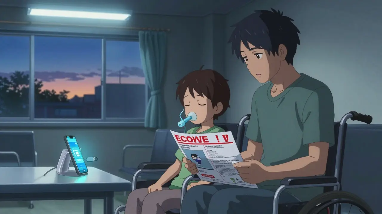 A family in a hospital waiting room with a red zone asthma action plan and smart inhaler nearby.