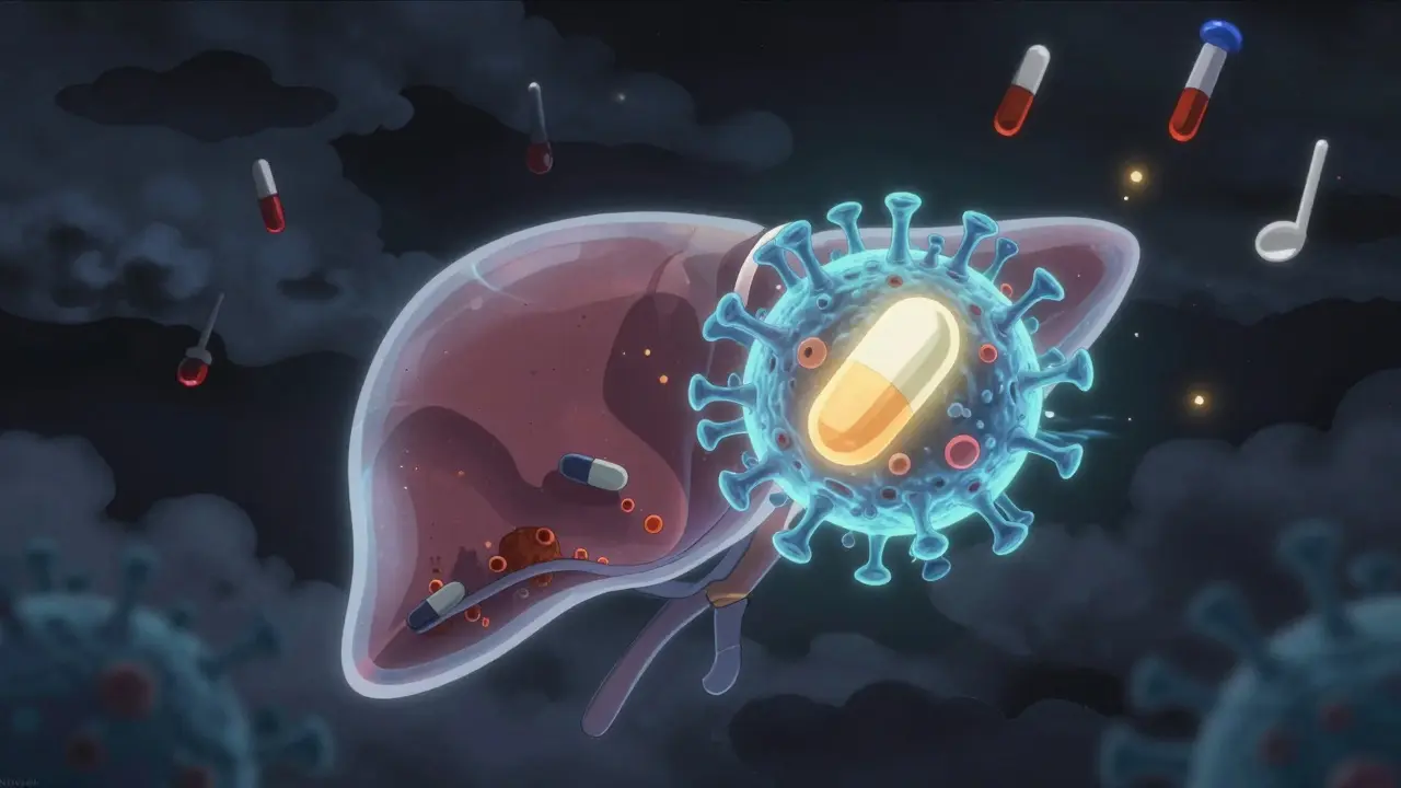 A glowing hepatitis B virus awakens inside a liver as antiviral medication blocks its spread.