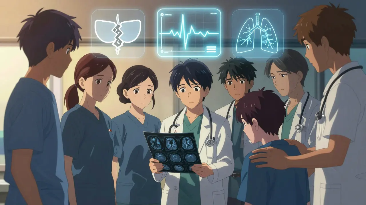 A medical team gathers around a chart with floating icons of autonomic failures, one doctor offering comfort to a patient.