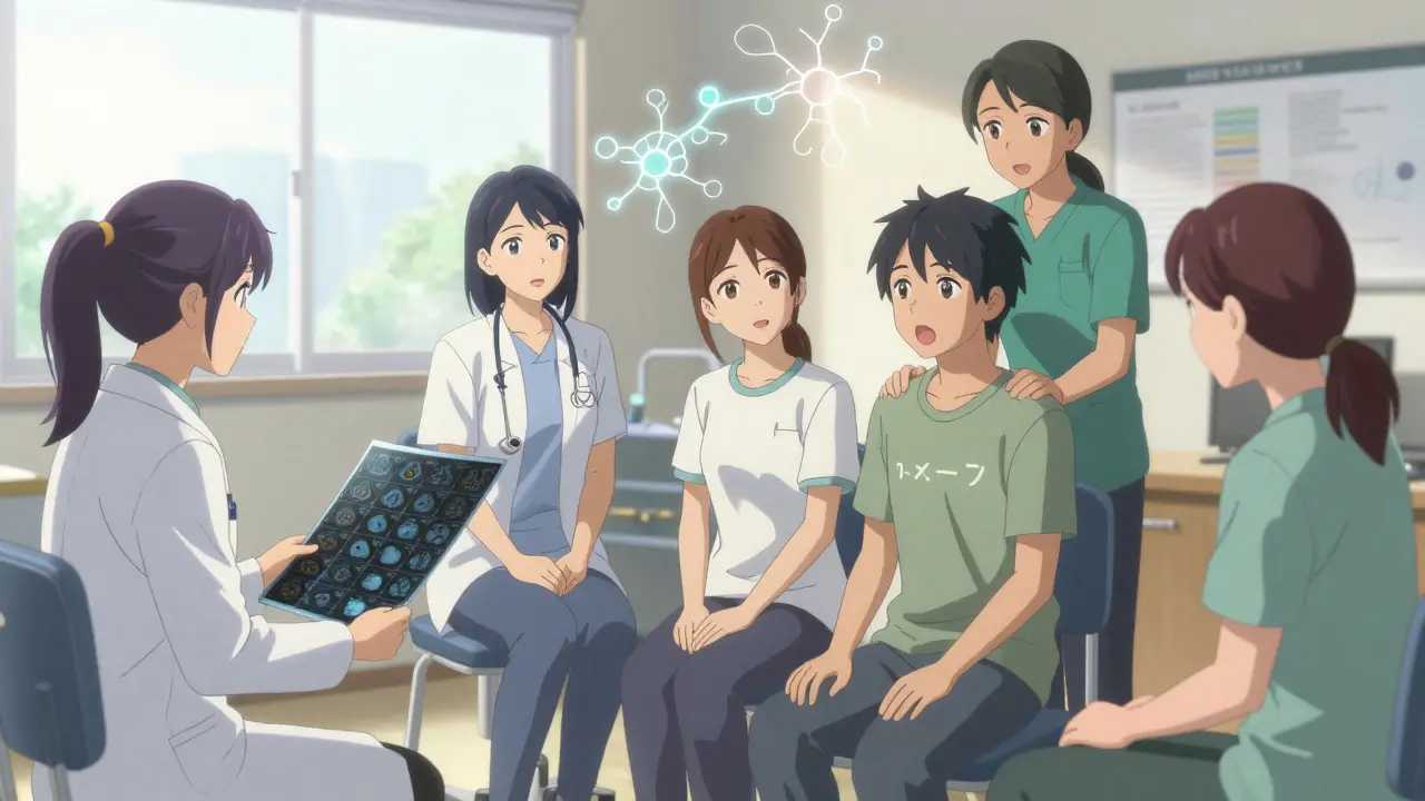 A multidisciplinary therapy team working together with a patient, showing neural pathways glowing softly.