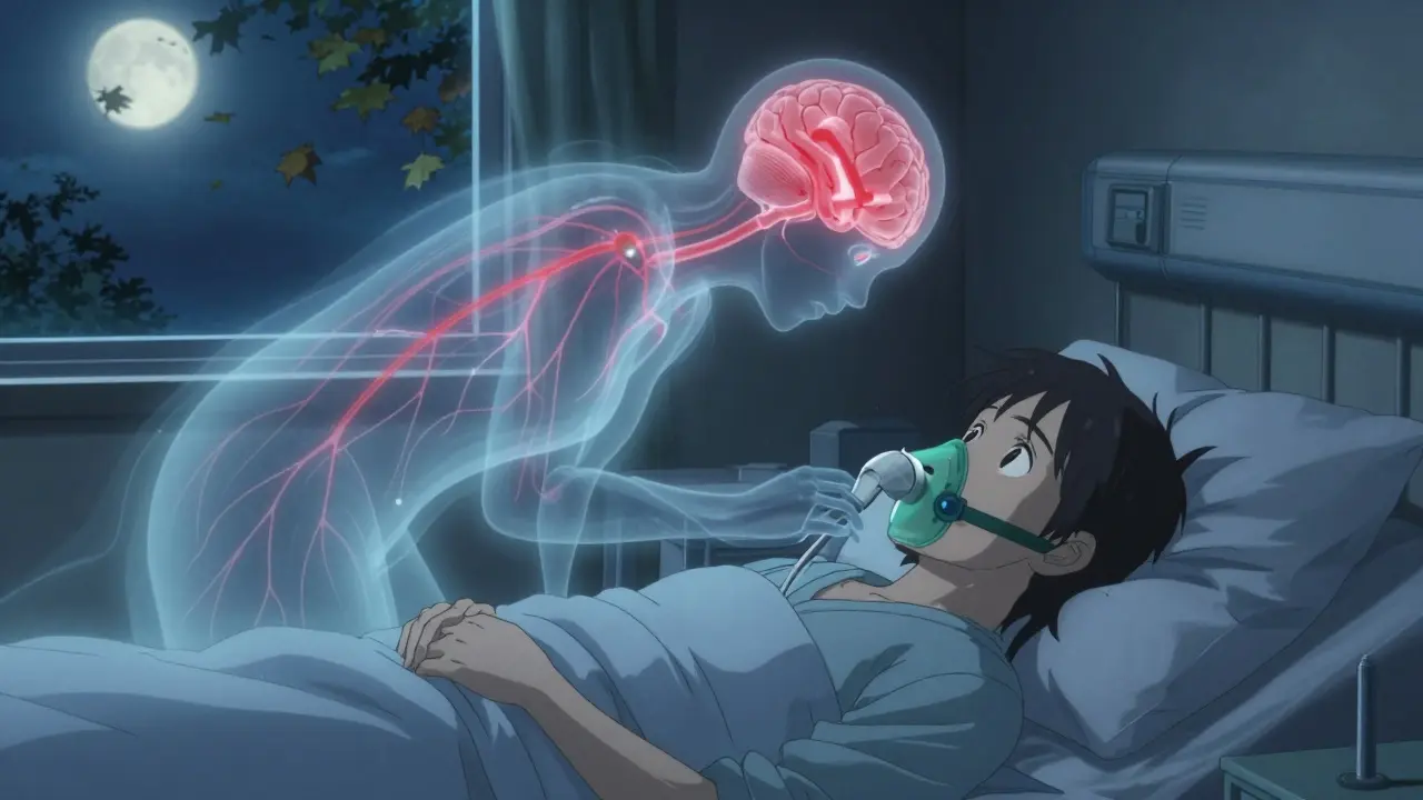 A patient lies in bed at night with a CPAP machine, while ghostly neural pathways glow in his brain, showing MSA progression.