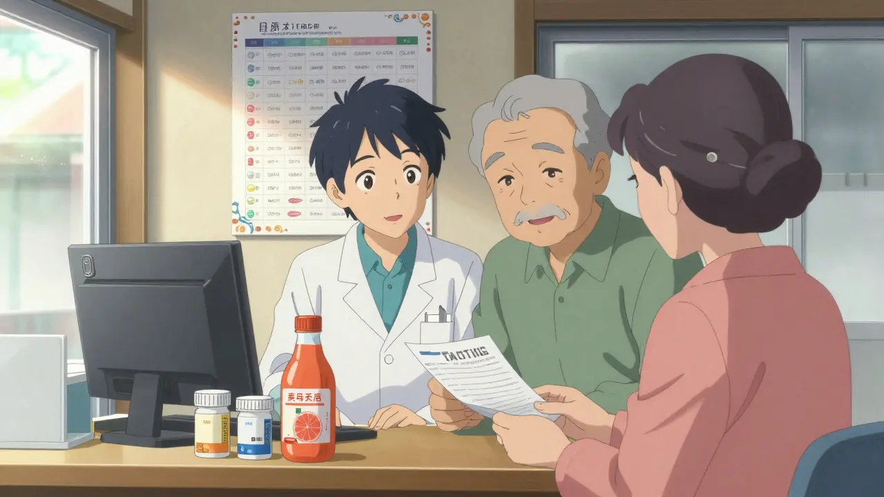A pharmacist and elderly couple reviewing medication safety with pill containers and a lockbox on the counter.
