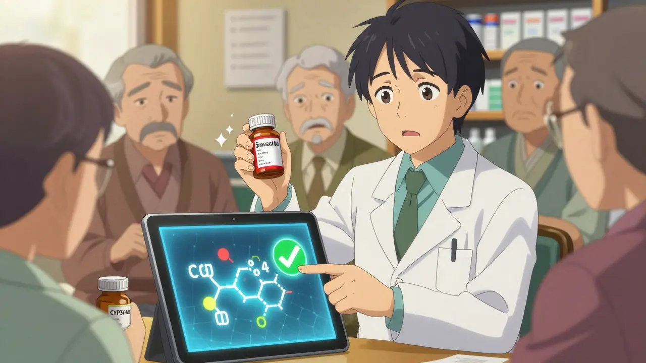 A pharmacist showing safe vs. risky statins using a glowing enzyme diagram, with patients observing in a community pharmacy.