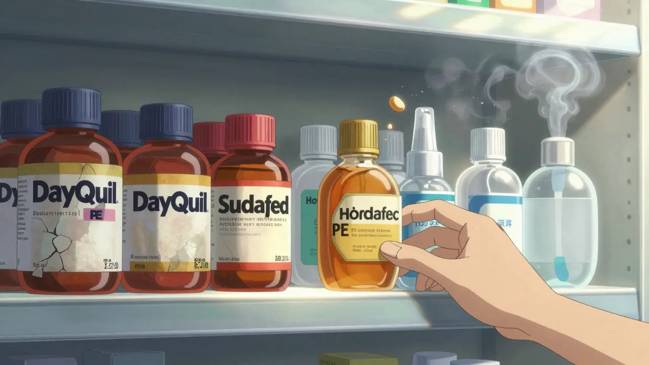 A pharmacy shelf showing ineffective cold medicines fading away while natural remedies glow brightly.