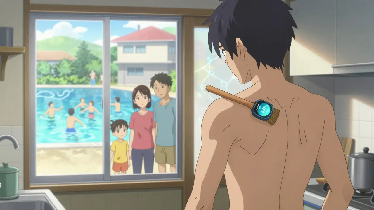 A stroke survivor using adaptive tools in their home kitchen, with community activity visible through the window.