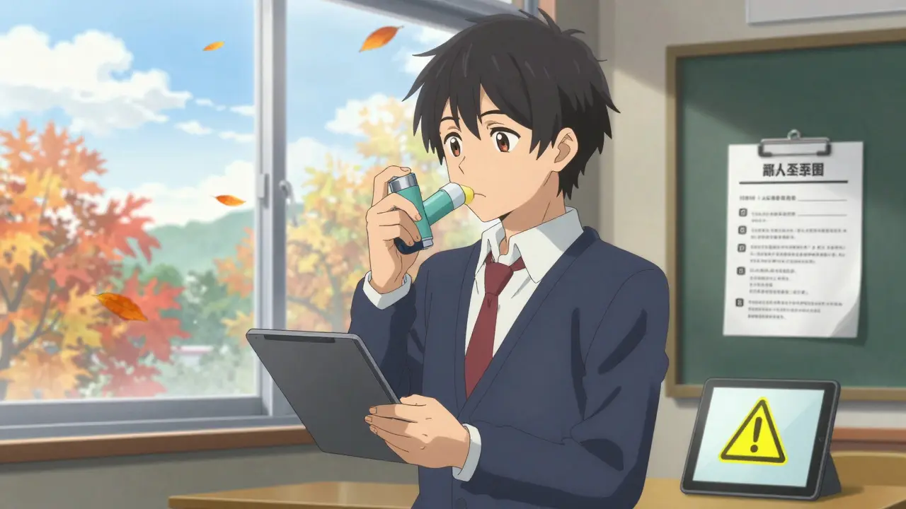 A teenager in school using an inhaler while viewing a yellow zone alert on a digital asthma plan.