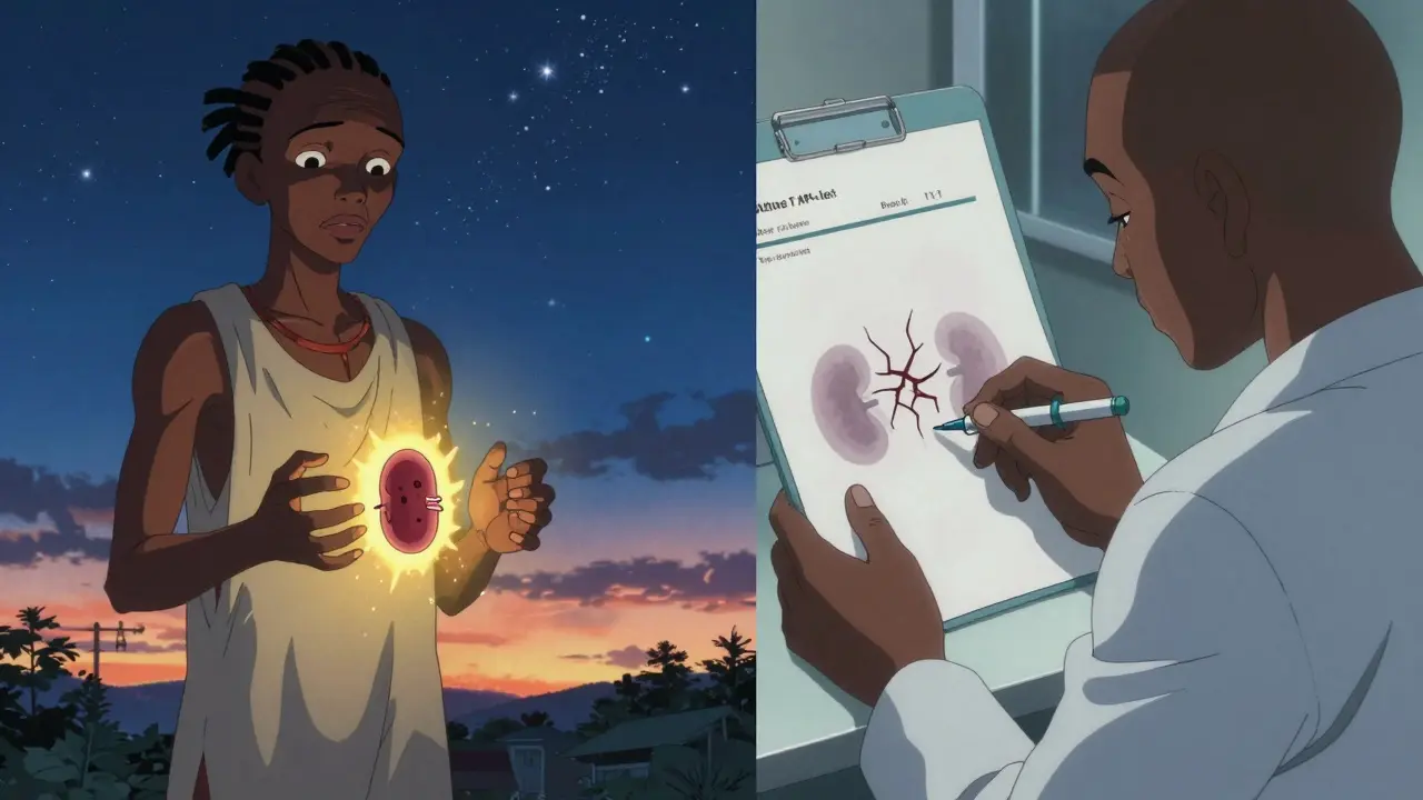 A West African ancestor fights a parasite while a modern man receives a kidney test, shown in contrasting warm and cool anime tones.