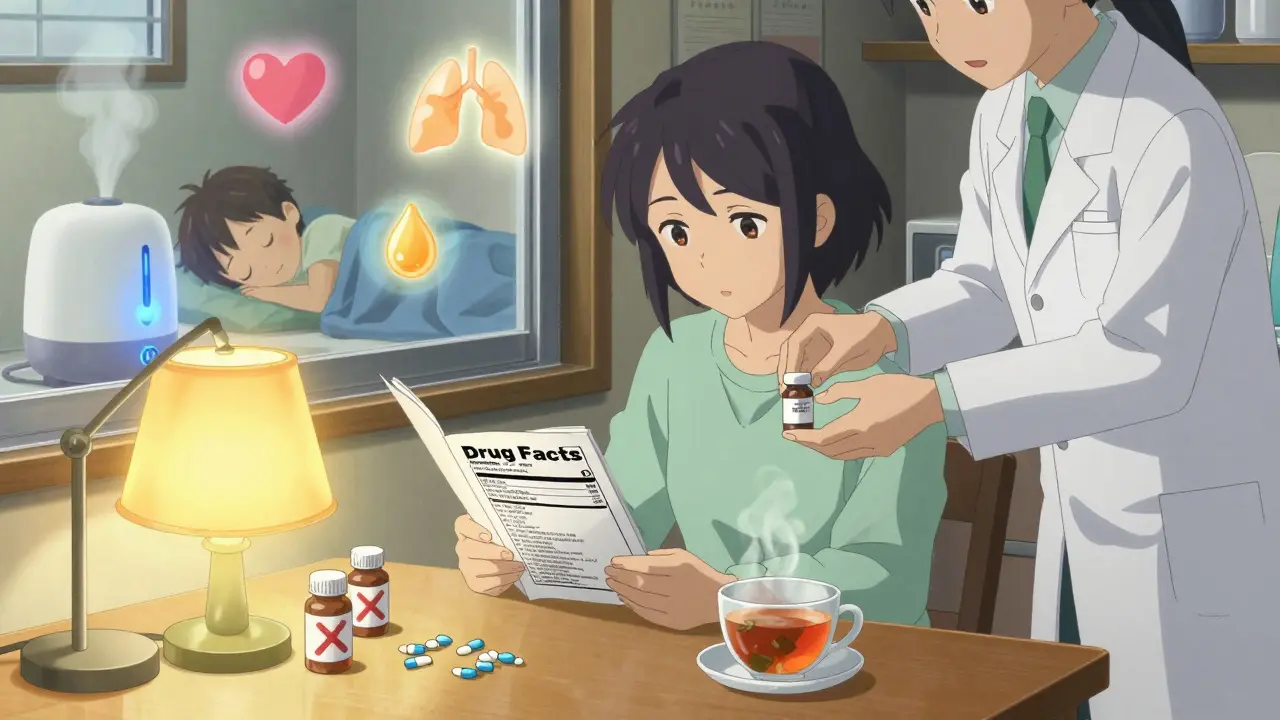 An adult reads a medicine label as a pharmacist offers pseudoephedrine and tea.