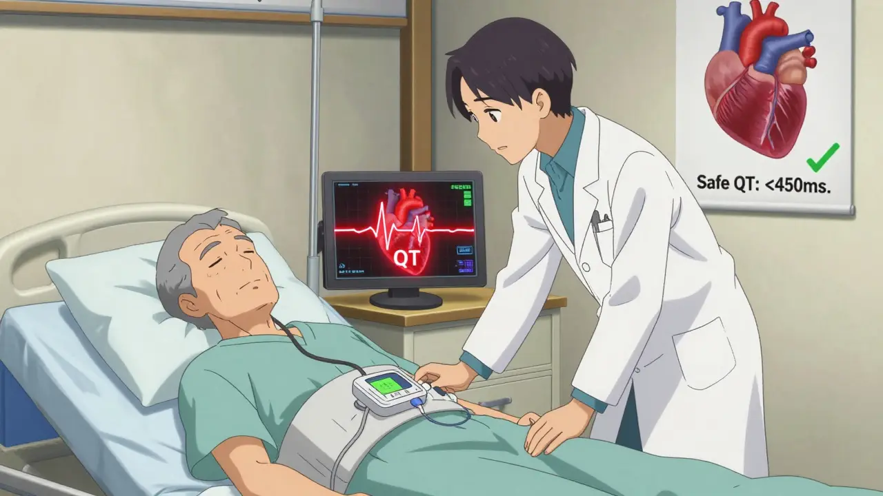 An elderly man in a hospital bed with a Holter monitor displaying a dangerous heart rhythm, animated ECG in background.