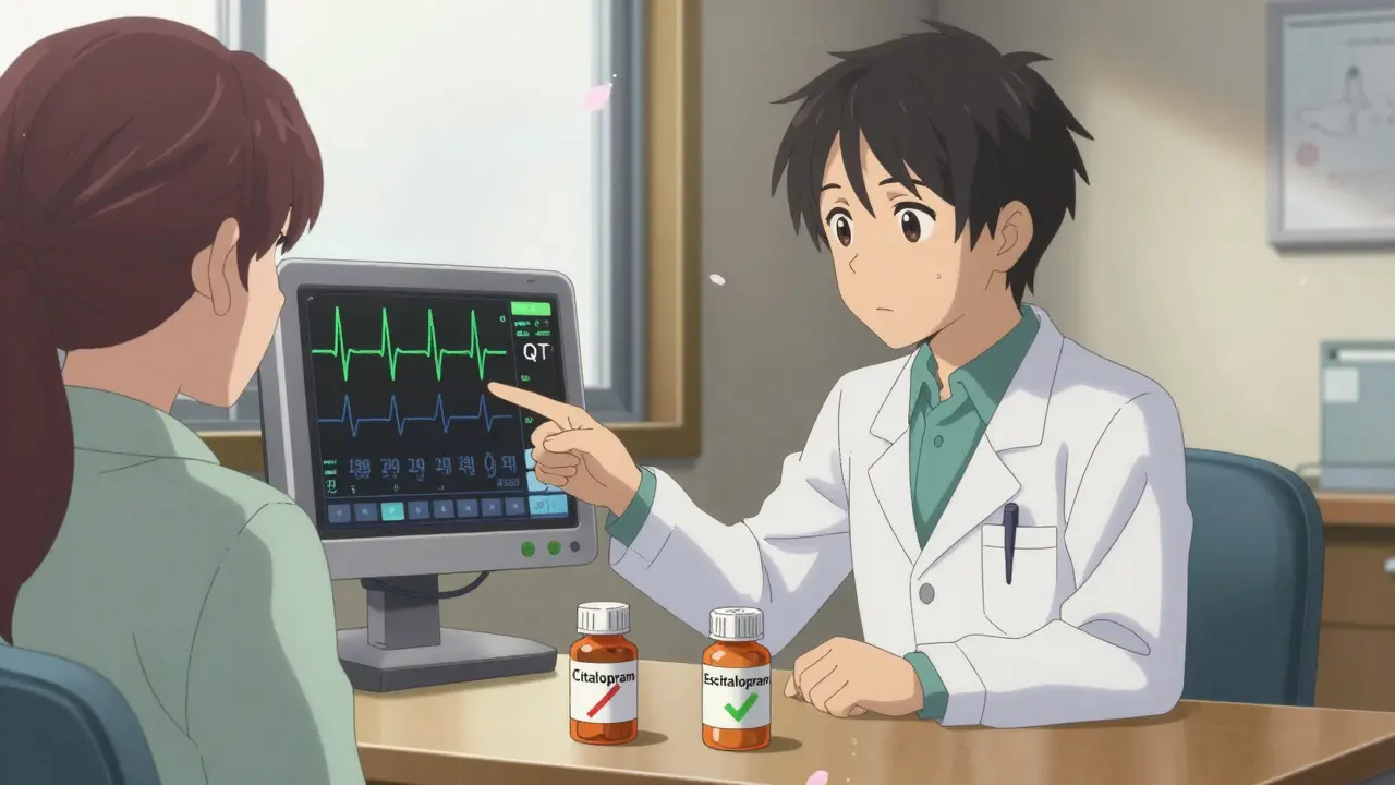 Doctor and patient reviewing an ECG with citalopram and escitalopram bottles on the table.