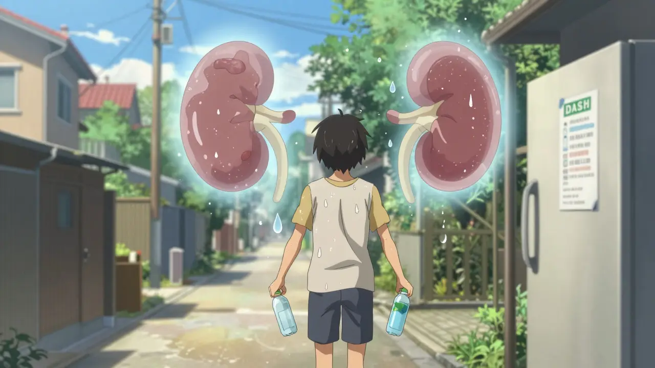 Someone walking in the heat with water bottles, kidney stones dissolving into clean water droplets.