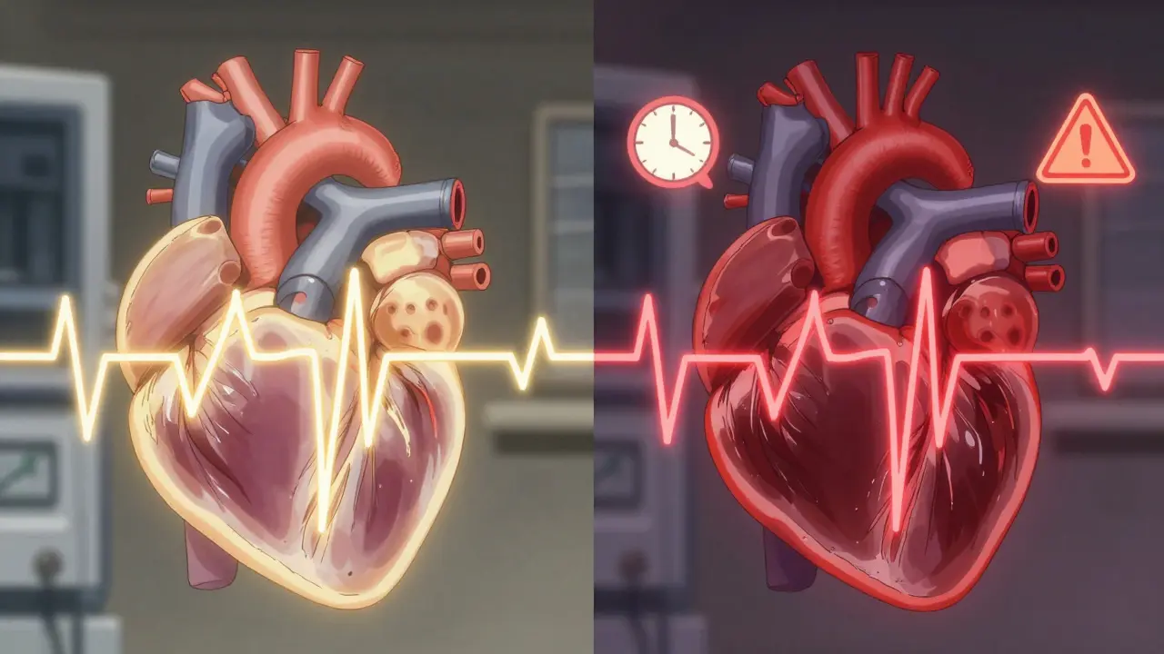 Split illustration comparing normal and prolonged QT intervals in a heart with warning symbols.