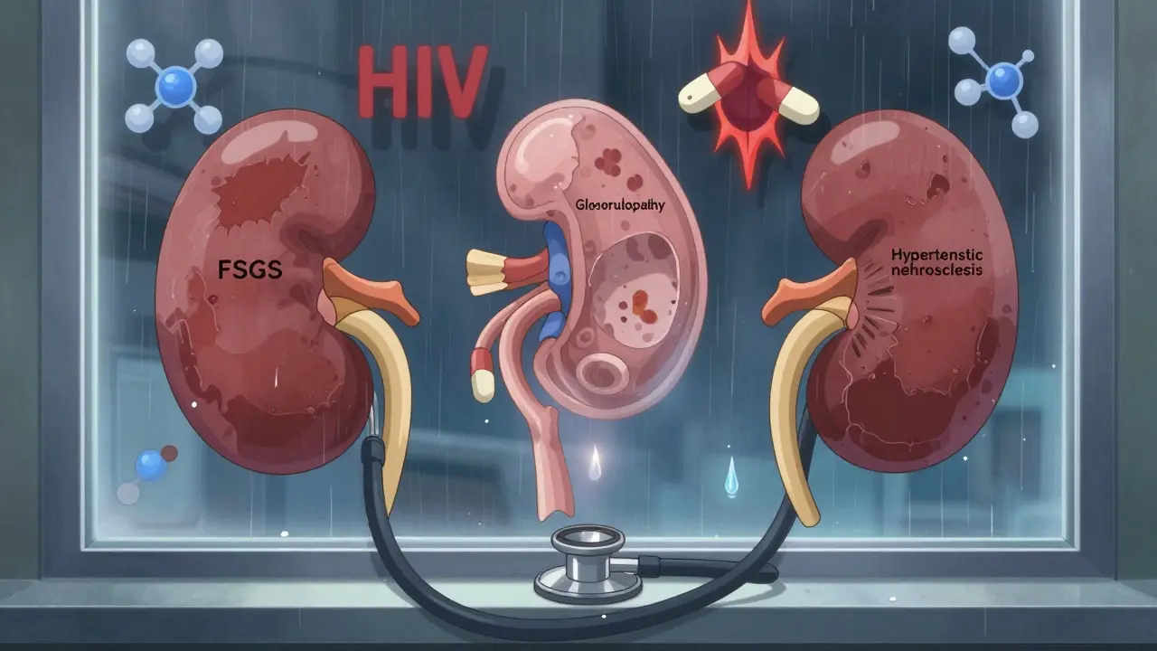 Three types of kidney damage are visually depicted with molecular threats surrounding them, under a gentle rain in anime style.