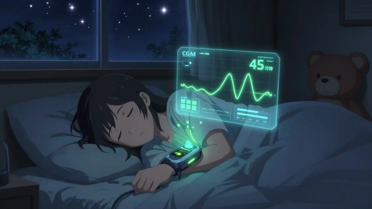 A continuous glucose monitor predicting a low blood sugar event, with digital alerts floating above a sleeping teen at night.