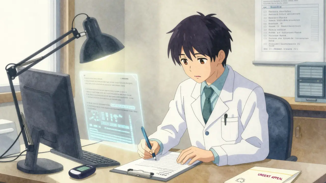 A doctor writing a medical necessity letter with clinical guidelines floating nearby in a clinic setting.