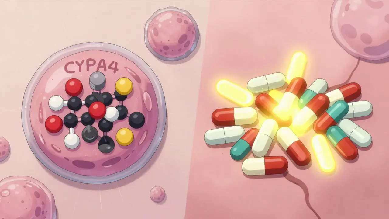 A liver cell showing normal drug metabolism versus cyclosporine disrupting enzyme function with glowing drug pile-ups.