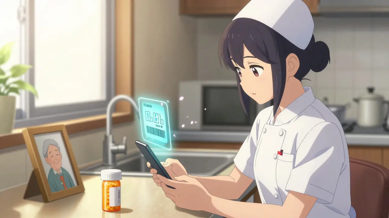 A nurse scanning a pill bottle on a kitchen counter with a smartphone showing a holographic expiration countdown.