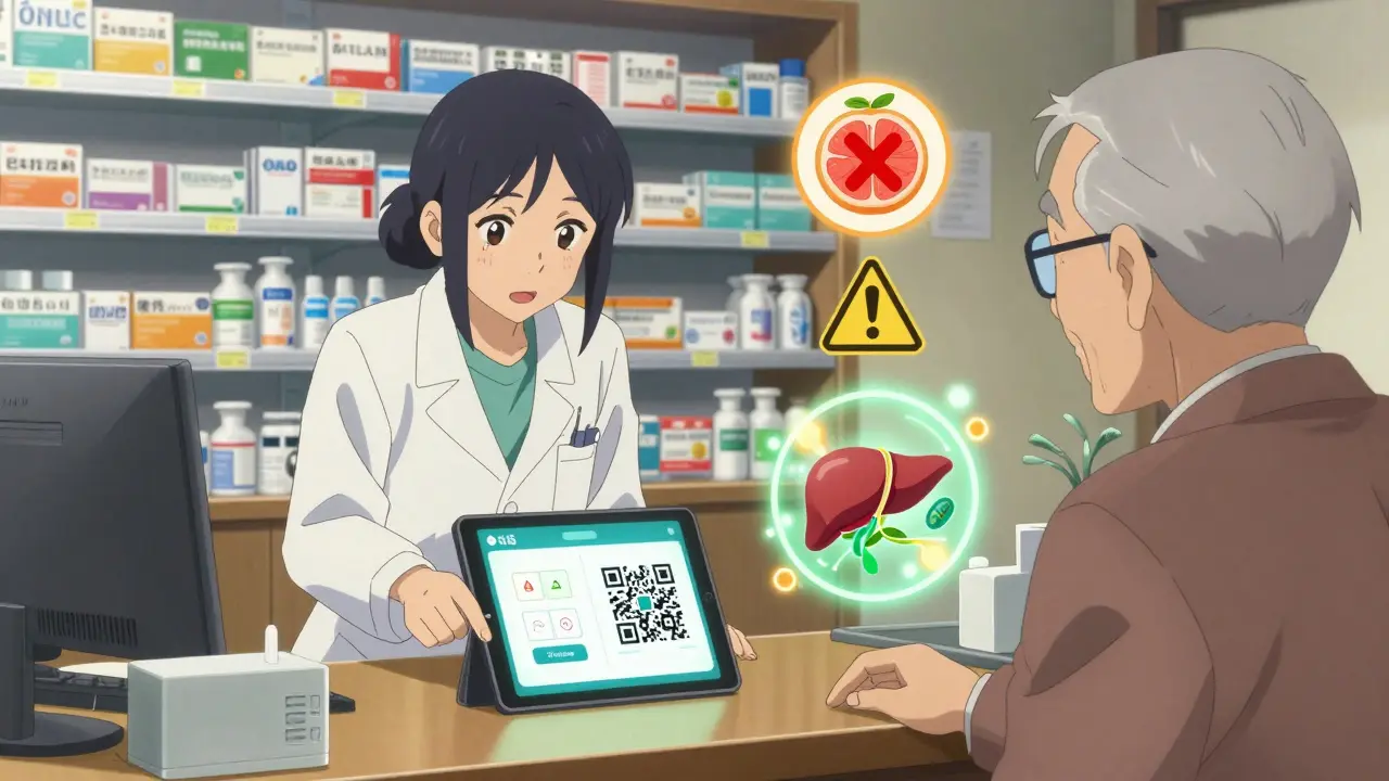 A pharmacist explaining an interactive digital medication guide with QR code and interaction icons to a patient.
