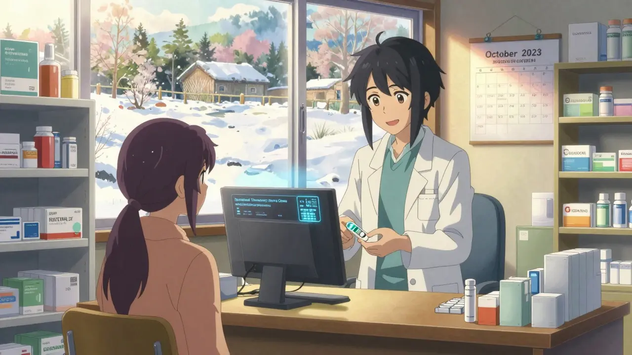 A pharmacist in Colorado prescribes birth control under state protocol, sunlight streaming through windows.