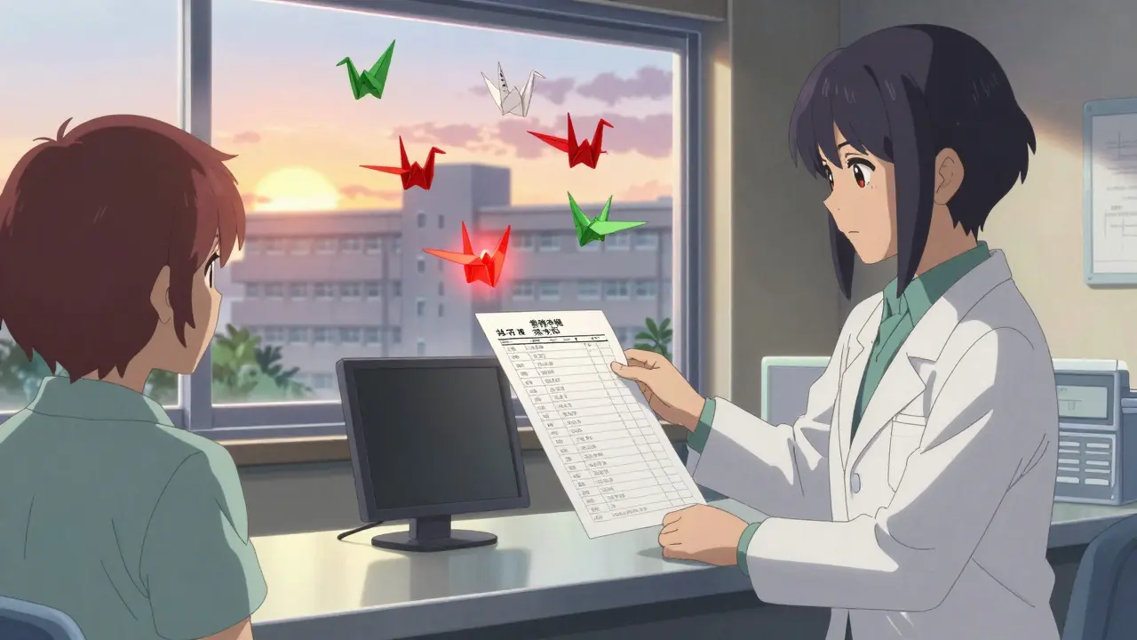 A pharmacist warning a patient about drug interactions as medication labels float like origami cranes in a sunlit hospital.