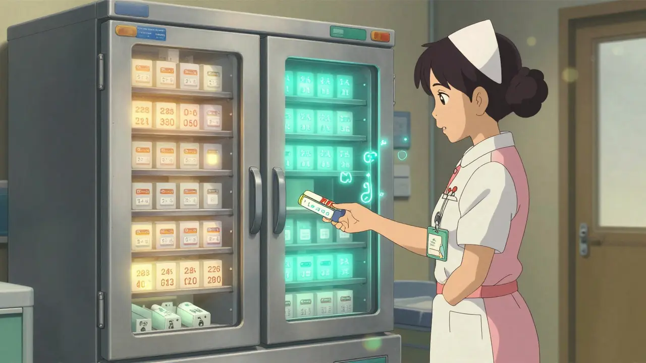 An automated dispensing cabinet unlocking a medication unit with digital tracking data glowing softly in the air.