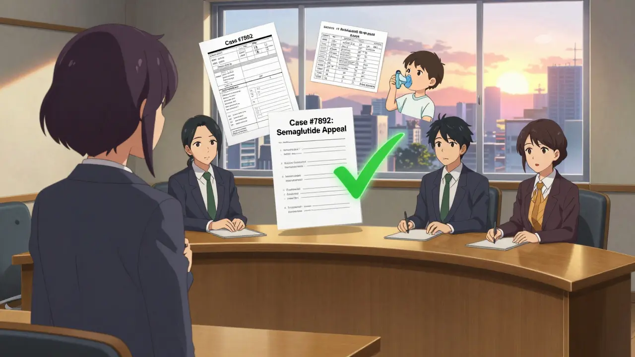 An external review panel approving a medication appeal as medical evidence glows above the file.