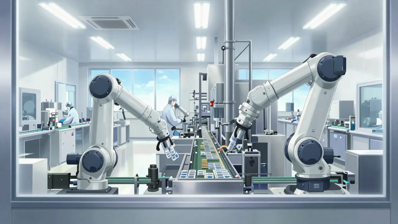 Automated assembly line inside a pharmaceutical manufacturing plant.