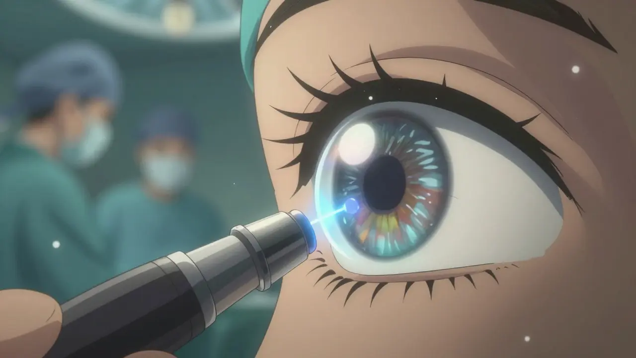 Close-up of eye surgery with a tiny ultrasound probe breaking apart a cloudy lens, surrounded by floating protein particles.