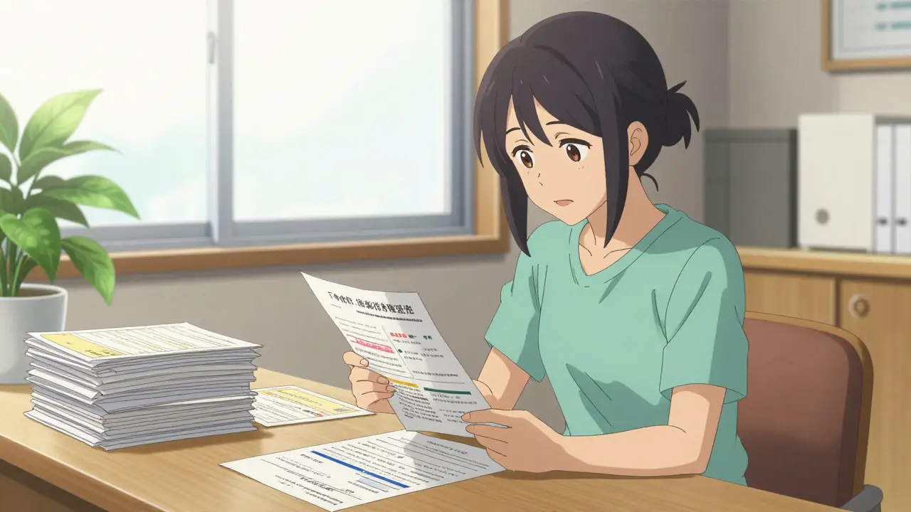 Confident patient reviewing organized medical safety documents in bright room