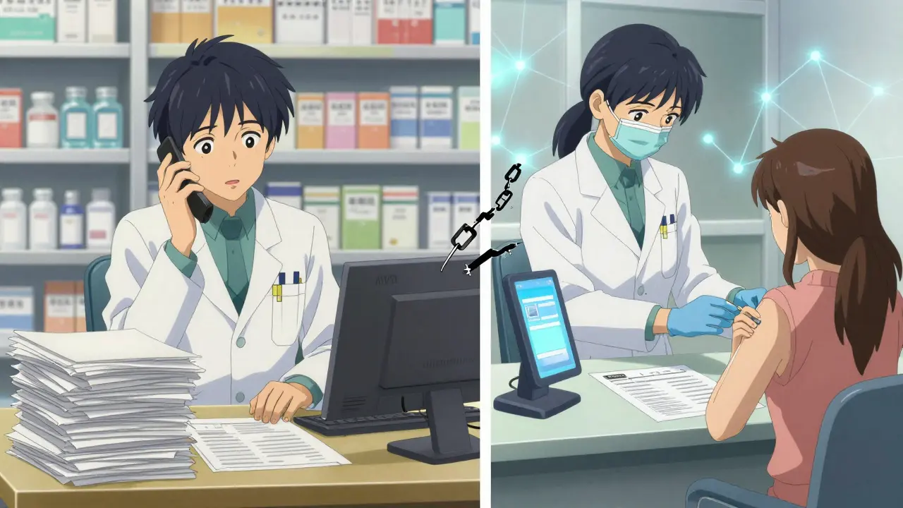 Contrasting pharmacy scenes: one with a pharmacist calling a doctor, another administering a vaccine digitally.