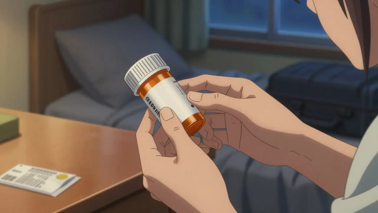 Hands inspecting medication bottle during travel packing routine.