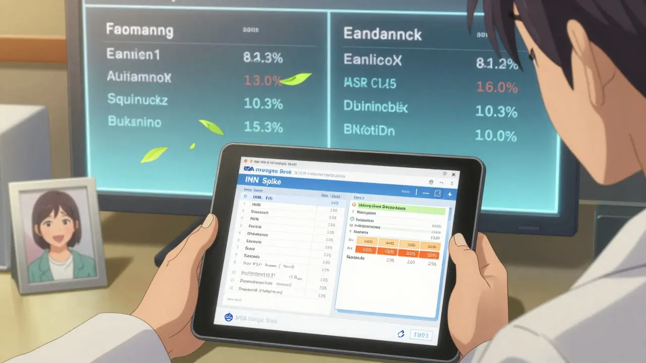 Pharmacist’s hands reviewing patient lab data and FDA therapeutic equivalence ratings on a tablet.